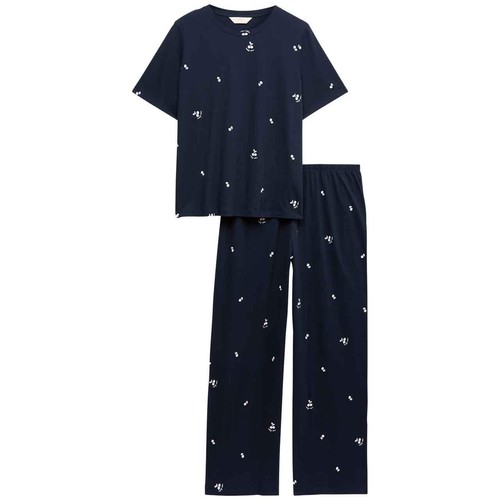 M&S Womens Pure Cotton Printed Pyjama Set, Large, Navy Mix