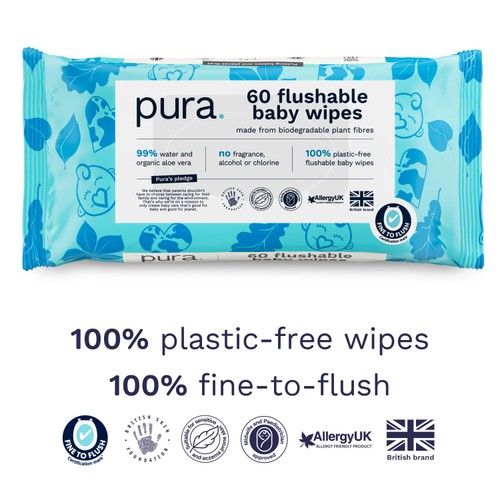 Pura Plastic Free Flushable Baby Wipes 3x60pk