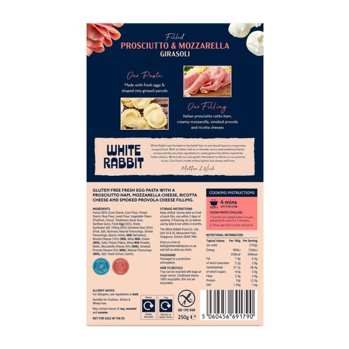 White Rabbit Gluten Free Prosciutto & Mozzarella Fresh Girasoli Pasta