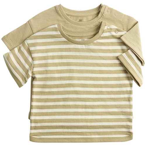 M&S Boys 2 Pack Pure Cotton Stripe T-Shirts, 3-6 Months, Khaki
