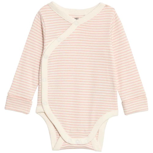 M&S Girls Pure Cotton Striped Bodysuits 3-6 Months Blush