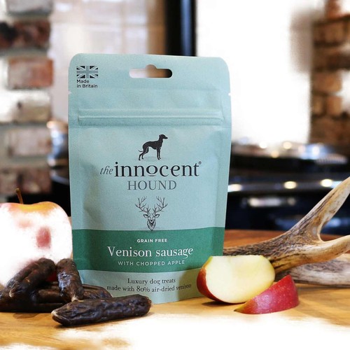 The Innocent Hound Dog Treats, Venison Sausages with Chopped Apple