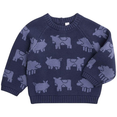M&S Boys Pure Cotton Cow Motif Knitted Jumper, 9-12 Months, Navy