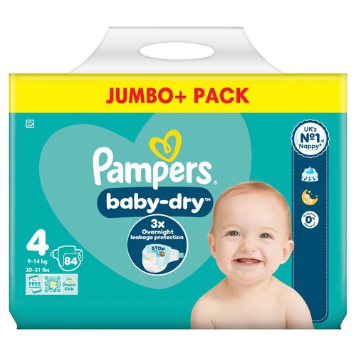 Pampers Baby-Dry Nappies, Size 4 (9-14kg) Jumbo+ Pack