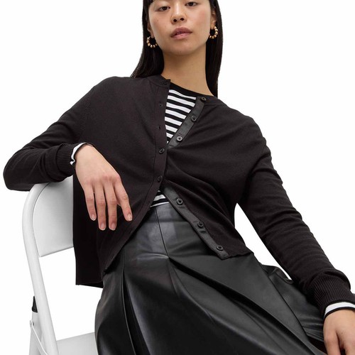 M&S Womens Crew Neck Button Front Cardigan, 10 Black