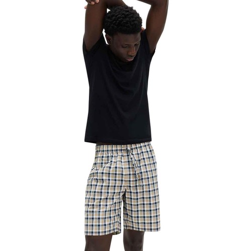 M&S Mens Pure Cotton Checked Pyjama Shorts, M,  Blue Mix