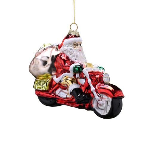 Glass Santa Riding Red Motorbike Decoration 14cm