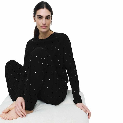M&S Womens Pure Cotton Printed Pyjama Set, Small, Black Mix