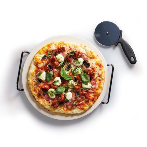 KitchenCraft World of Flavours 32cm Pizza Stone, Stand & Cutter Set