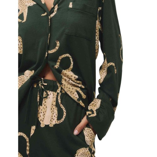 M&S Womens Cotton Modal Printed Revere Pyjama Set, L, Dark Green