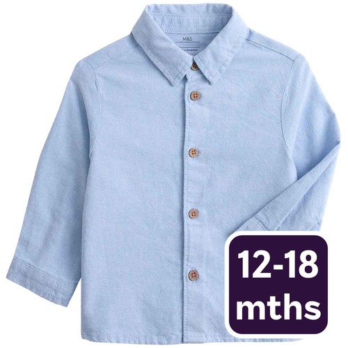 M&S Boys Pure Cotton Shirt, 12-18 Months, Blue
