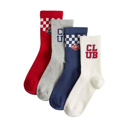 M&S Kids Check Socks, 12-3 Large, Red Mix