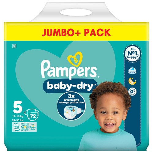 Pampers Baby-Dry Nappies, Size 5 (11-16kg) Jumbo+ Pack