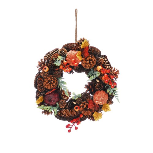 Autumnal Pumpkin Green Leaf Wreath 30cm 