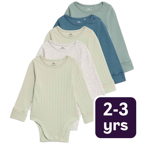 M&S Boys Cotton-Rich Rib Long Sleeve Bodysuits 2-3 Years Green Mix