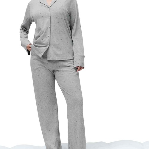 M&S Womens Cotton Printed Revere Pyjama Set, Grey, XL