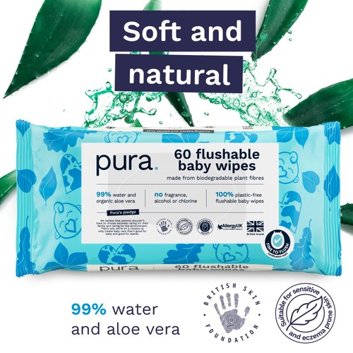 Pura Plastic Free Flushable Baby Wipes 60pk