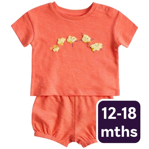 M&S Unisex 2 Piece Pure Cotton Popcorn Outfit, 12-18 M, Bright Coral