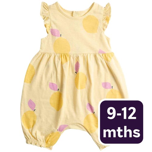 M&S Girls, Lemon Print Romper, 9-12 Months, Yellow