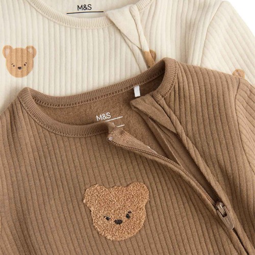 M&S Bear Sleepsuits, 2-3 Years, Light Cream
