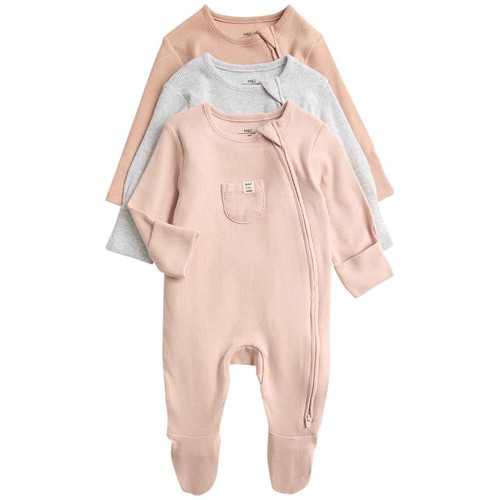 M&S Unisex Cotton Rich Ribbed Sleepsuits, 0-3 M, Blush