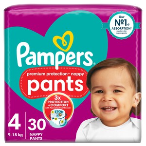 Pampers Premium Protection Nappy Pants, Size 4 (9-15kg) Essential Pack 30 per pack