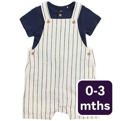 M&S Smart Thin Stripe Linen Bib Short, 0-3 Months, Blue