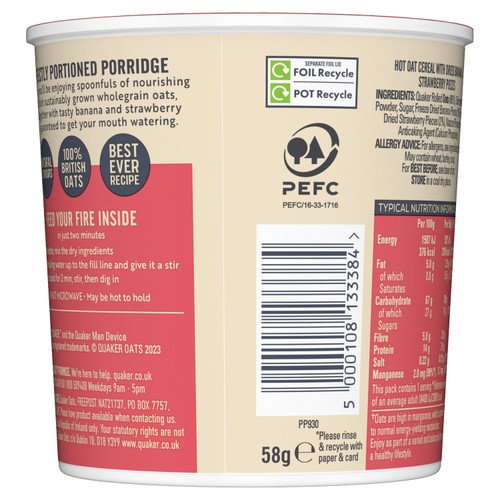 Quaker Oat So Simple Banana Strawberry Porridge Cereal Pot
