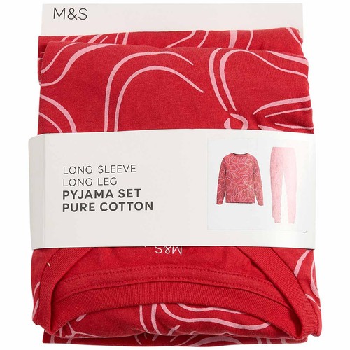 M&S Girls Pure Cotton Bow Print Pyjamas, 12-13 Years, Red