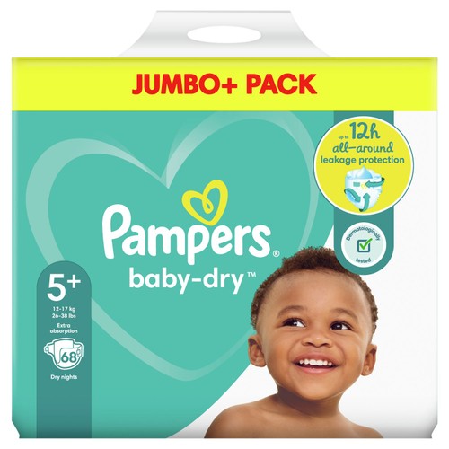 Pampers Baby-Dry Nappies, Size 5+ (12-17kg) Jumbo+ Pack