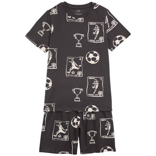 M&S Boys Pure Cotton Football Print Short Pyjamas '9-10 Years Charcoal