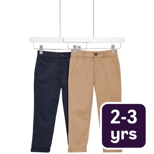 M&S Boys 2pk Cotton Rich Chinos, 2-3 Years Stone/Navy