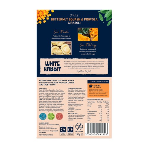 White Rabbit Gluten Free Butternut Squash & Sage Fresh Girasoli Pasta