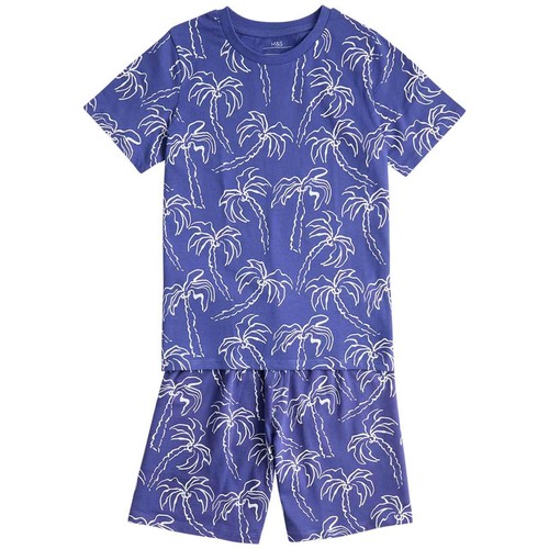 M&S Boys Palm Tree Short Pyjamas, 6-7 Years, Blue