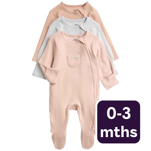 M&S Unisex Cotton Rich Ribbed Sleepsuits, 0-3 M, Blush