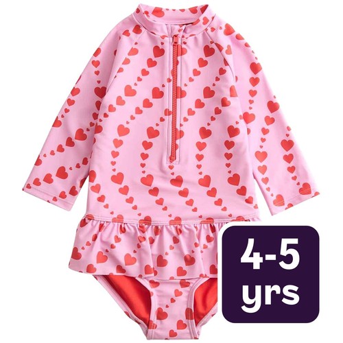 M&S Girls Heart Print Long Sleeve Swimsuit, 4-5 Years, Magenta
