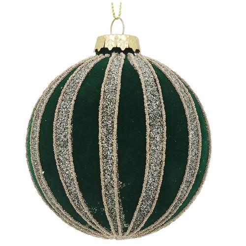 Green Flock Glass Ball With Glitter Stripes