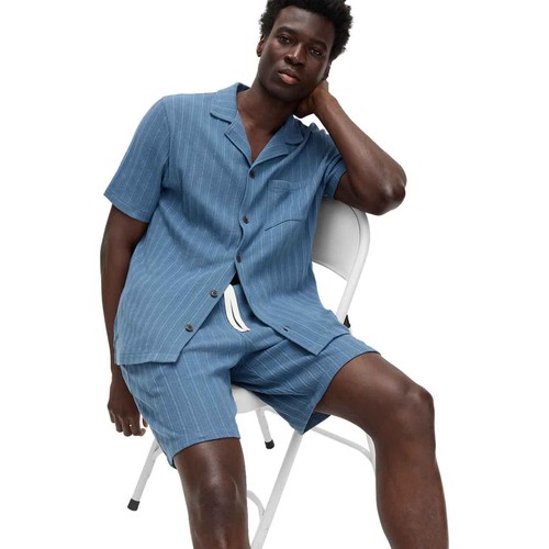 M&S Mens Cotton Rich Jersey Textured Loungewear Top, L, Chambray