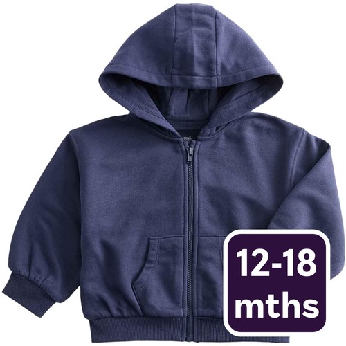 M&S Boys Cotton Rich Navy Zip Through Hoodie, 12-18 Months, Navy