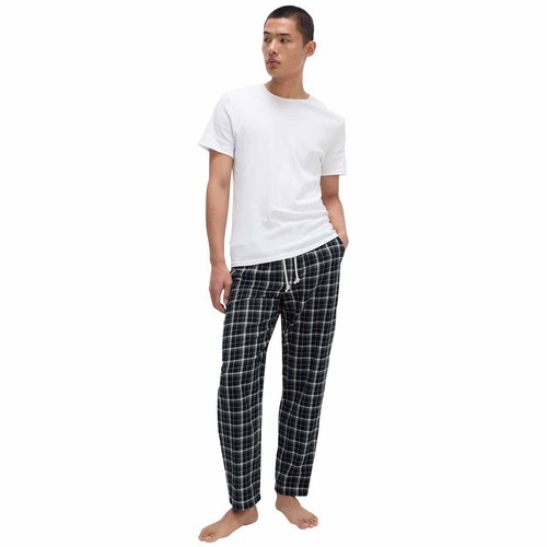 M&S Mens Pure Cotton Checked Loungewear Bottoms 2XL Navy
