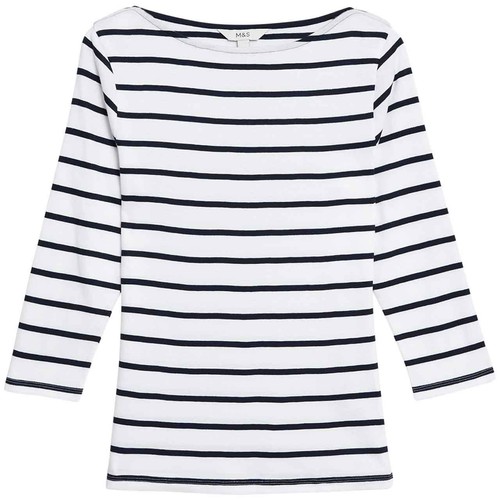 M&S Womens Pure Cotton Slim Fit Top, 10, Mono Stripe