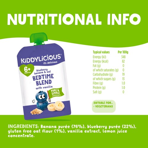 Kiddylicious Blueberry,Banana & Oat Bedtime Blend Pouch Baby Food Multi 6m+