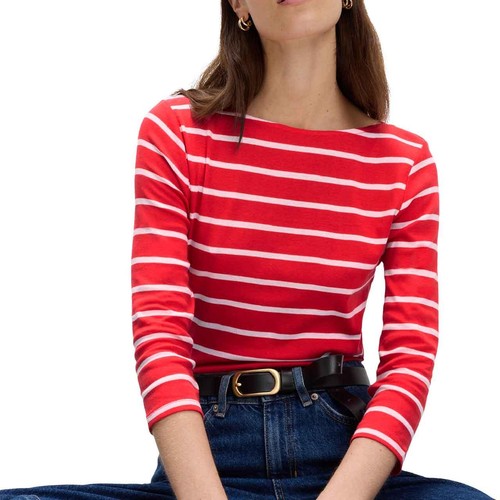 M&S Womens Pure Cotton Striped Slash Neck Slim Fit Top, Size 16, Red Mix