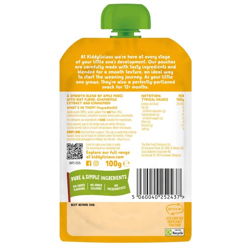 Kiddylicious Apple & Oat Bedtime Blend with Chamomile Pouch Baby Food 6m+