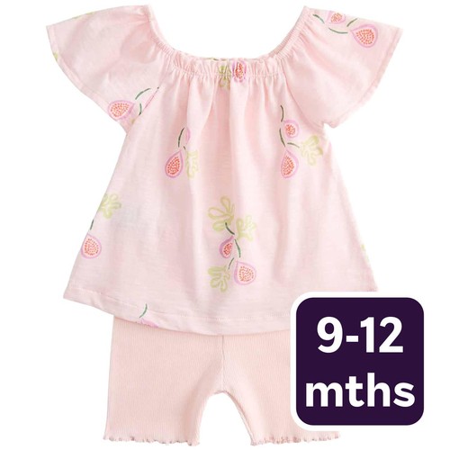 M&S Cotton Jersey Fruit Print Top and Shorts, 9-12 Months, Pink