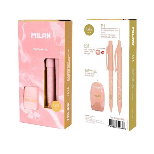 Milan, Gift box, Pen, PL1 0,5 mm, HB pencil & Eraser with Sharpener, Pink