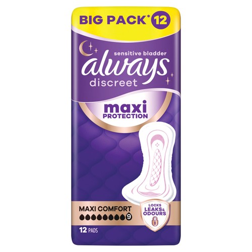 Always Discreet Adult Incontinence Pads Maxi Comfort Value Pack 12 Count