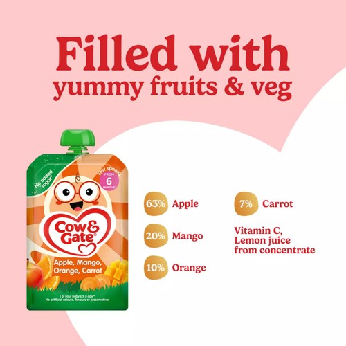 Cow & Gate Fruit Pouch Apple Mango Orange & Carrot Baby Food 6+ Months