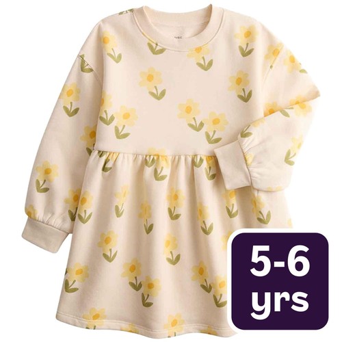 M&S Girls Flower Print Sweatshirt Dress, 5-6 Years, Ecru