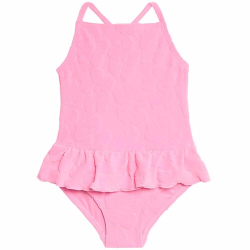 M&S Girls Floral Textured Frill Swimming Costume, 2-3 Years, Pink
